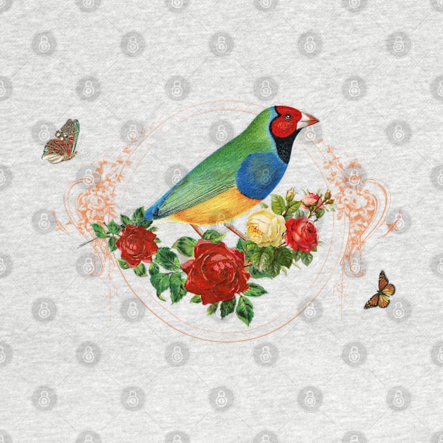 Red Head Finch standing in red Roses with Butterflies surrounded by LizzyizzyDesign